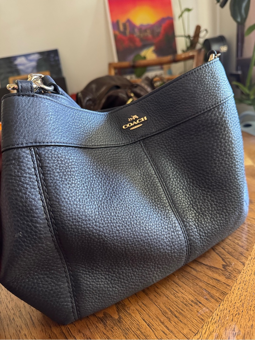 Black Leather Satchel with Gold Accents